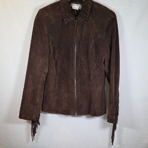Vintage Brown Leather Suede Jacket with Fringe Western Style Size Small